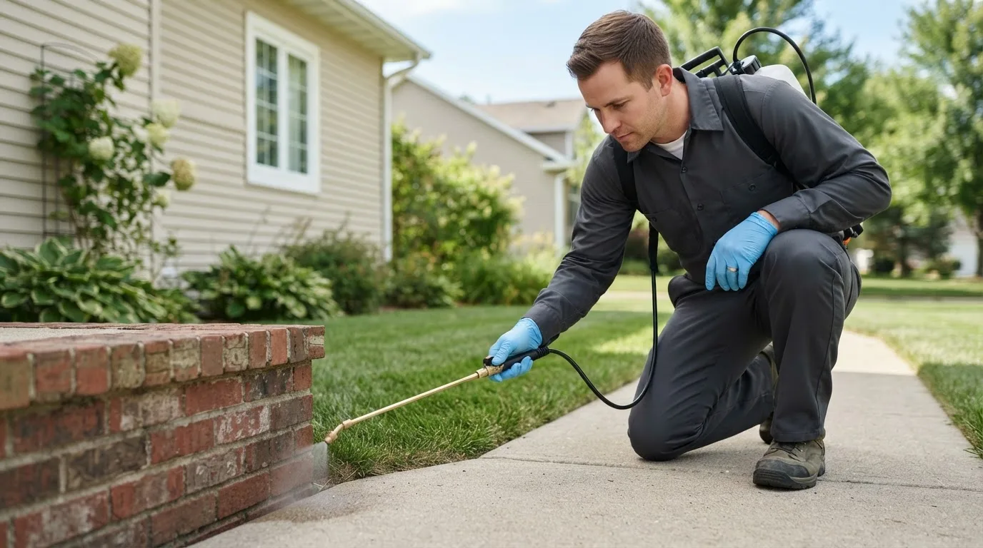 Pest control technician treating a home near Clontarf, MN