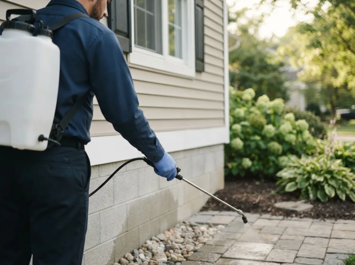 Pest control technician inspecting a home in Clontarf, MN